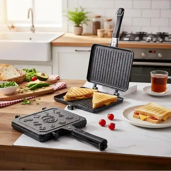 Deconox Çift Taraflı Ocak Üstü Döküm Tost Makinesi, Granit Efektli Yanmaz Yapışmaz Sandviç ve Tost Tavası - Hamburger, Omlet ve Aperatifler İçin İdeal | Ergonomik Saplı Kolay Temizlenebilir Grill Tava