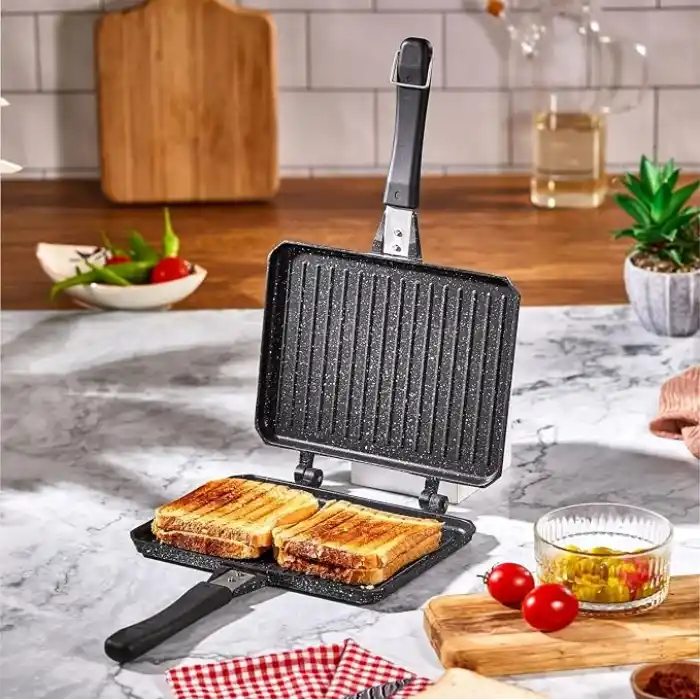 Deconox Çift Taraflı Ocak Üstü Döküm Tost Makinesi, Granit Efektli Yanmaz Yapışmaz Sandviç ve Tost Tavası - Hamburger, Omlet ve Aperatifler İçin İdeal | Ergonomik Saplı Kolay Temizlenebilir Grill Tava