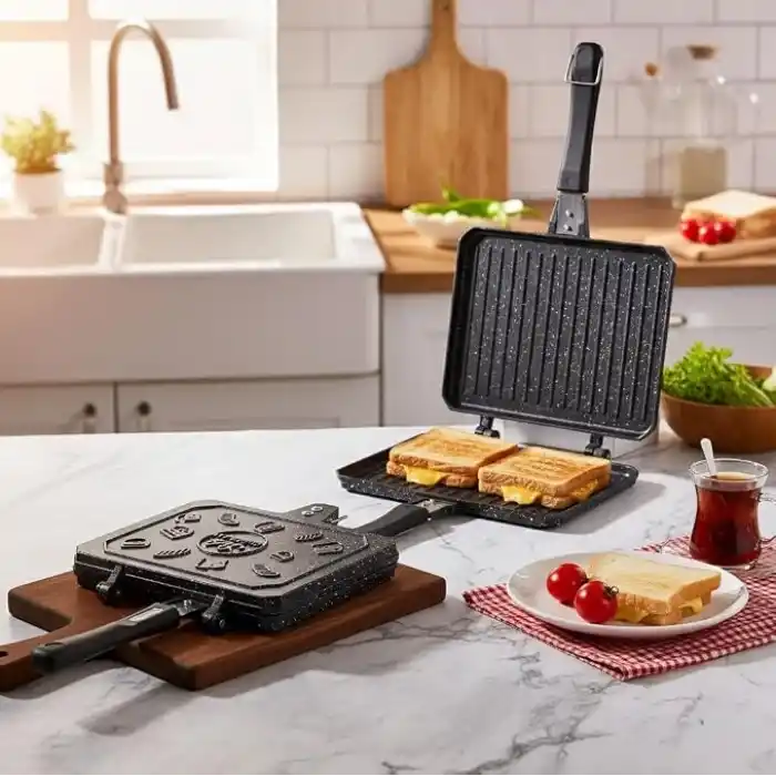 Deconox Çift Taraflı Ocak Üstü Döküm Tost Makinesi, Granit Efektli Yanmaz Yapışmaz Sandviç ve Tost Tavası - Hamburger, Omlet ve Aperatifler İçin İdeal | Ergonomik Saplı Kolay Temizlenebilir Grill Tava