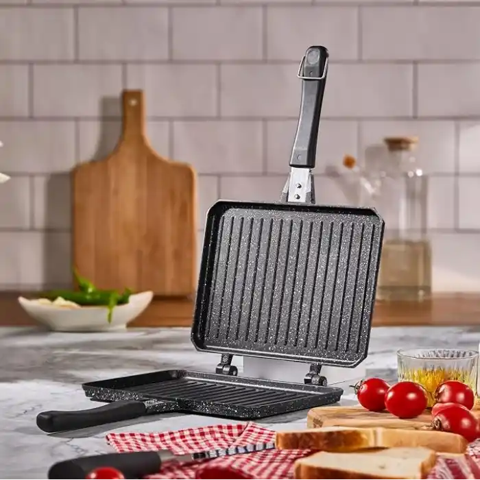Deconox Çift Taraflı Ocak Üstü Döküm Tost Makinesi, Granit Efektli Yanmaz Yapışmaz Sandviç ve Tost Tavası - Hamburger, Omlet ve Aperatifler İçin İdeal | Ergonomik Saplı Kolay Temizlenebilir Grill Tava
