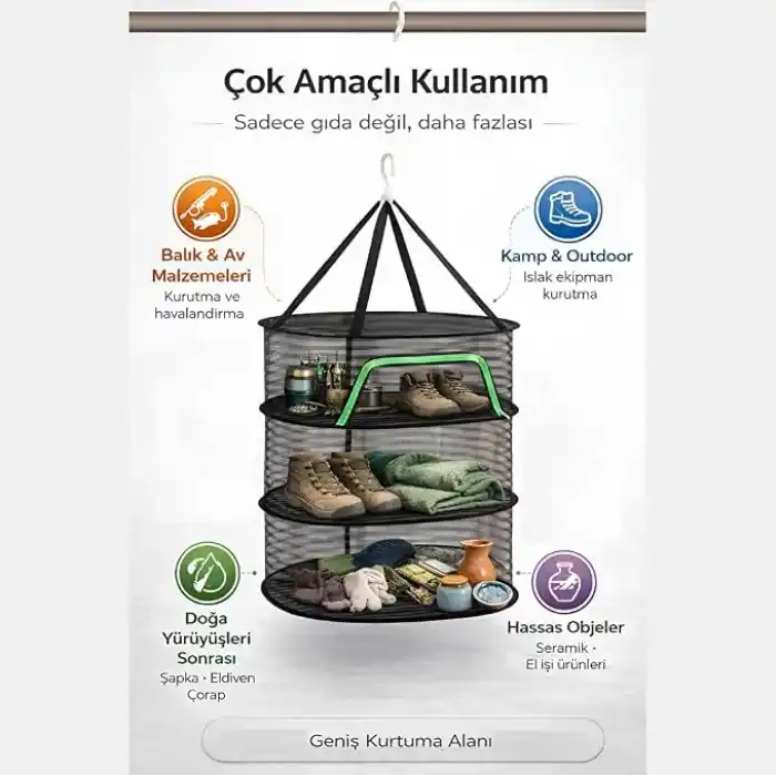 Jouis Gıda ve Kıyafet Kurutma Ağı 3 Katlı - Fermuarlı ve Katlanabilir Askılı Meyve Sebze Kurutucu File, Böcek ve Toz Korumalı, 360° Hava Akışlı Bitki, Mantar, Biber ve Et Kurutma Kafesi