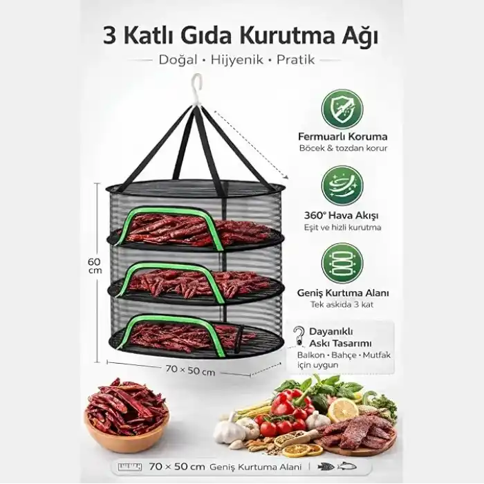 Jouis Gıda ve Kıyafet Kurutma Ağı 3 Katlı - Fermuarlı ve Katlanabilir Askılı Meyve Sebze Kurutucu File, Böcek ve Toz Korumalı, 360° Hava Akışlı Bitki, Mantar, Biber ve Et Kurutma Kafesi