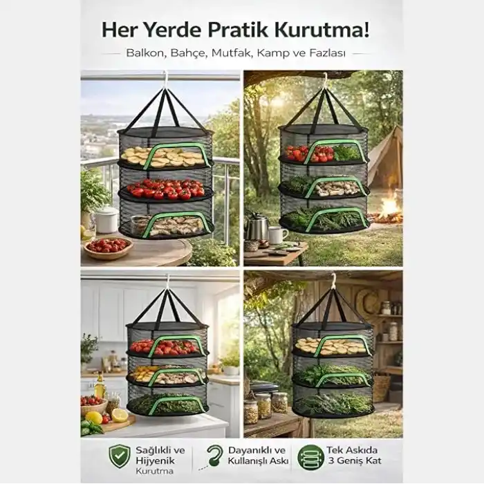 Jouis Gıda ve Kıyafet Kurutma Ağı 3 Katlı - Fermuarlı ve Katlanabilir Askılı Meyve Sebze Kurutucu File, Böcek ve Toz Korumalı, 360° Hava Akışlı Bitki, Mantar, Biber ve Et Kurutma Kafesi