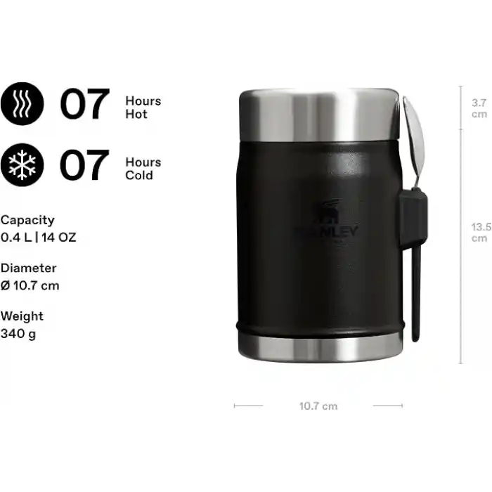 STANLEY Classic Legendary Yemek Termosu + Kaşık 0.4 Litre - Siyah 2.0 | Paslanmaz Çelik
