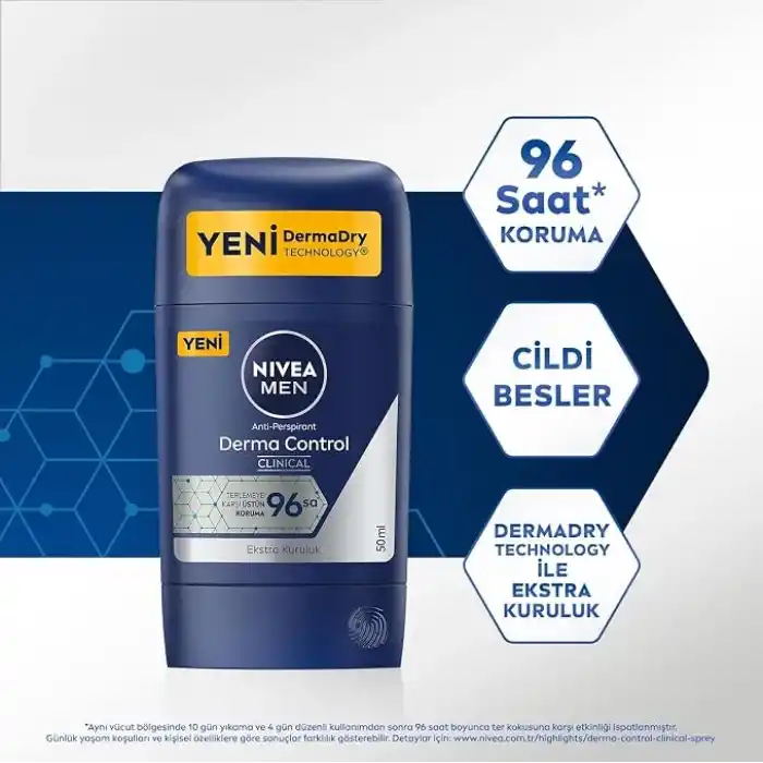 NIVEA Men Erkek Stick Deodorant Derma Control Clinical 50 ml, 96 Saat Üstün Koruma