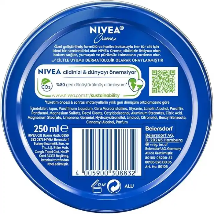 NIVEA Creme Nemlendirici Bakım Kremi 250 ml,Eucerit, El,Yüz,Vücut İçin,Paraben İçermez, Tüm Cilt Tipleri, (2 paketi)
