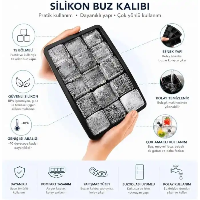 Orret Home 2 Adet Kare Buz Kalıbı, 15 Bölmeli Çok Amaçlı Buz Küpü Kalıbı, Kolay Serbest Bırakma Özelliği, Kahve ve Ev Yapımı İçecekler için İdeal Dondurucu Kalıpları (2 Adet)