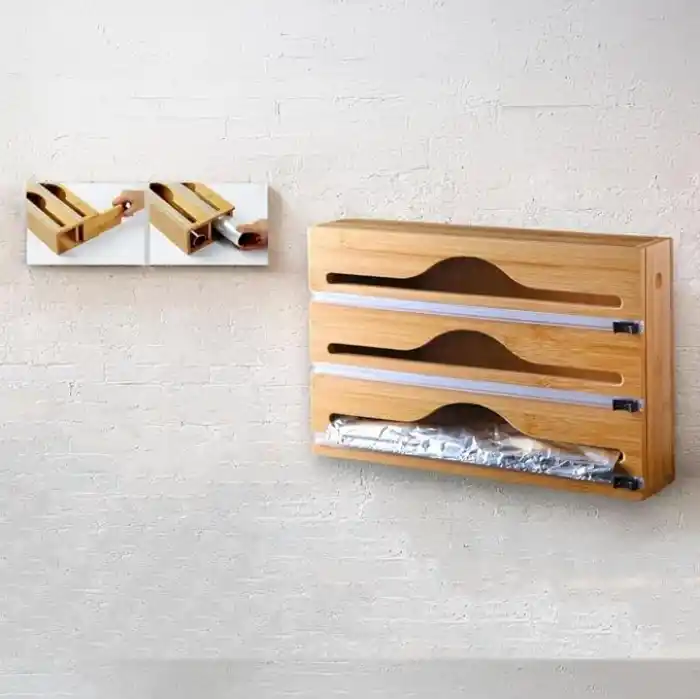 Deconox 3 Bölmeli Doğal Bambu Folyoluk ve Streç Film Kesici Organizer - Sürgülü Bıçaklı Çekmece İçi Düzenleyici Pişirme Kağıdı ve Alüminyum Folyo Standı Mutfak Organizeri (35,5 x 22 x 7 cm)