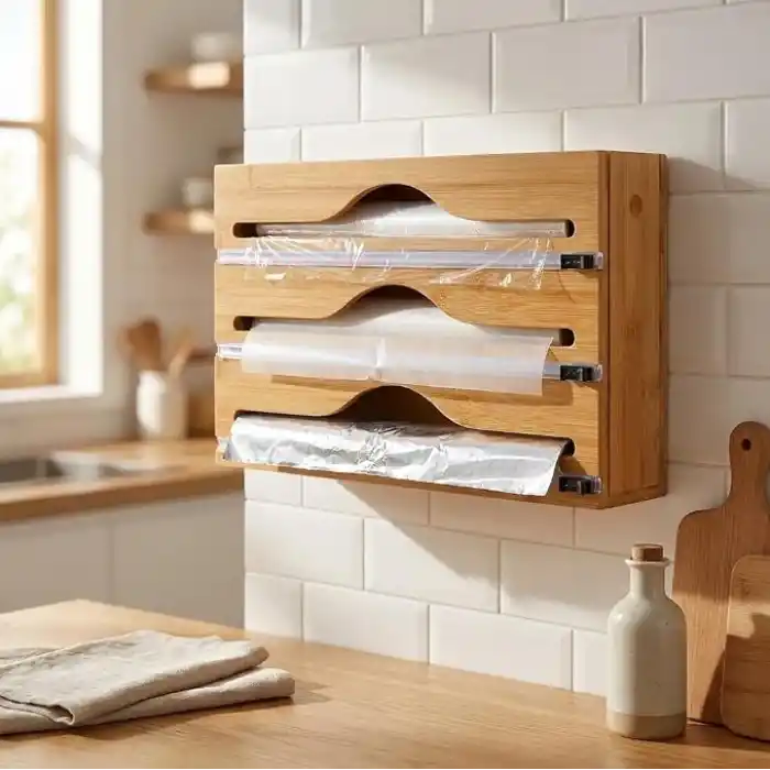 Deconox 3 Bölmeli Doğal Bambu Folyoluk ve Streç Film Kesici Organizer - Sürgülü Bıçaklı Çekmece İçi Düzenleyici Pişirme Kağıdı ve Alüminyum Folyo Standı Mutfak Organizeri (35,5 x 22 x 7 cm)