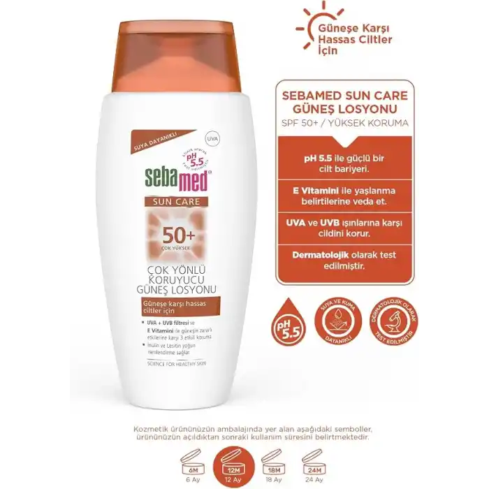 Sebamed Sun Care SPF 50+ UVA/UVB Filtresi ve E Vitamini Üçlü Yüksek Koruma Çok Yönlü Güneş Losyonu 150 ml