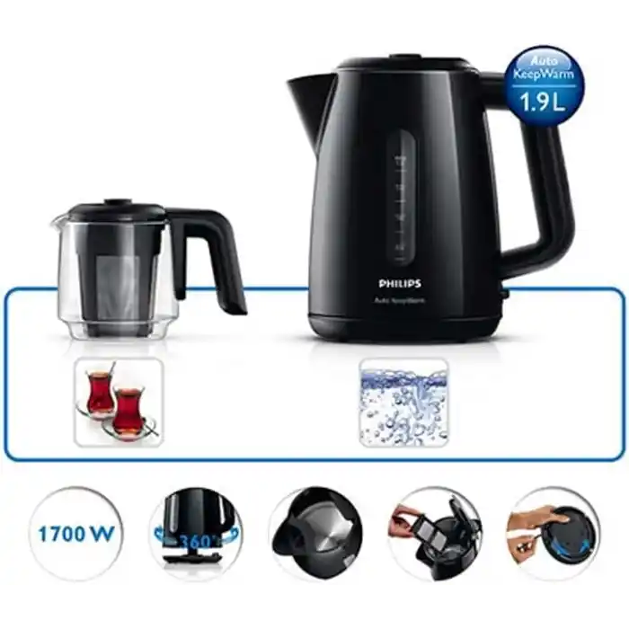 Philips Daily Collection Çay Makinesi - Otomatik Sıcak Tutma, 1.9L Su Isıtıcısı, 0.9L Cam Demlik, Hızlı Kaynatma 1700W, Kireç Filtresi, Kolay Dökme İçin Kablosuz Taban (HD7301/00)