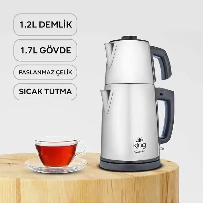 King KCM334 Tealuxe Çay Makinesi | 1,7L Su Isıtıcı & 1,2L Demlik | Paslanmaz Çelik | Sıcak Tutma Fonksiyonu | Kablosuz Kullanım