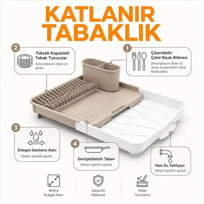 Deconox Uzayabilen Tabaklık ve Bulaşıklık, Kayar Üniteli Bulaşık Kurutmalık, Tahliye Oluklu Tezgah Üstü Tabak Düzenleyici, Çatal Kaşık Bölmeli, Krem