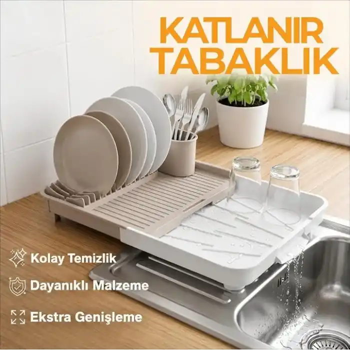 Deconox Uzayabilen Tabaklık ve Bulaşıklık, Kayar Üniteli Bulaşık Kurutmalık, Tahliye Oluklu Tezgah Üstü Tabak Düzenleyici, Çatal Kaşık Bölmeli, Krem