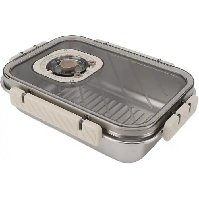 MallArt® Paslanmaz Çelik Saklama Kabı, Tarih İndikatörlü Sızdırmaz Bento Yemek Kabı, Kilitli Kapaklı Ev Akıllı Gıda Koruyucu Sefer Tası (1LT Dikdörtgen)
