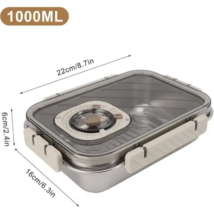 MallArt® Paslanmaz Çelik Saklama Kabı, Tarih İndikatörlü Sızdırmaz Bento Yemek Kabı, Kilitli Kapaklı Ev Akıllı Gıda Koruyucu Sefer Tası (1LT Dikdörtgen)
