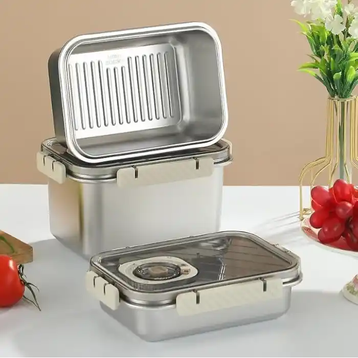 MallArt® Paslanmaz Çelik Saklama Kabı, Tarih İndikatörlü Sızdırmaz Bento Yemek Kabı, Kilitli Kapaklı Ev Akıllı Gıda Koruyucu Sefer Tası (1LT Dikdörtgen)