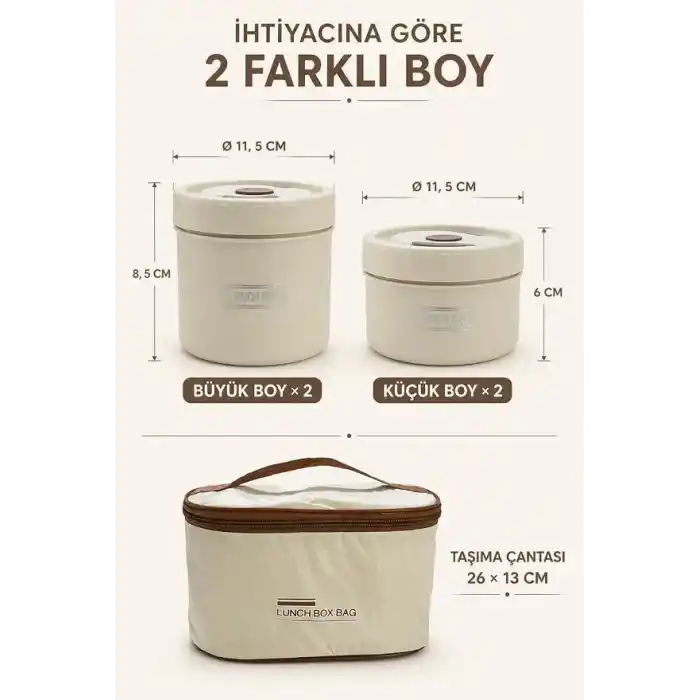 Busstier Isı Yalıtımlı Yemek Termosu ve Lunch Box Çantası, Vidalı Kapaklı PP Dış Gövde ve Metal İç Hazneli Taşınabilir Yemek Kabı Seti (2 Parça)