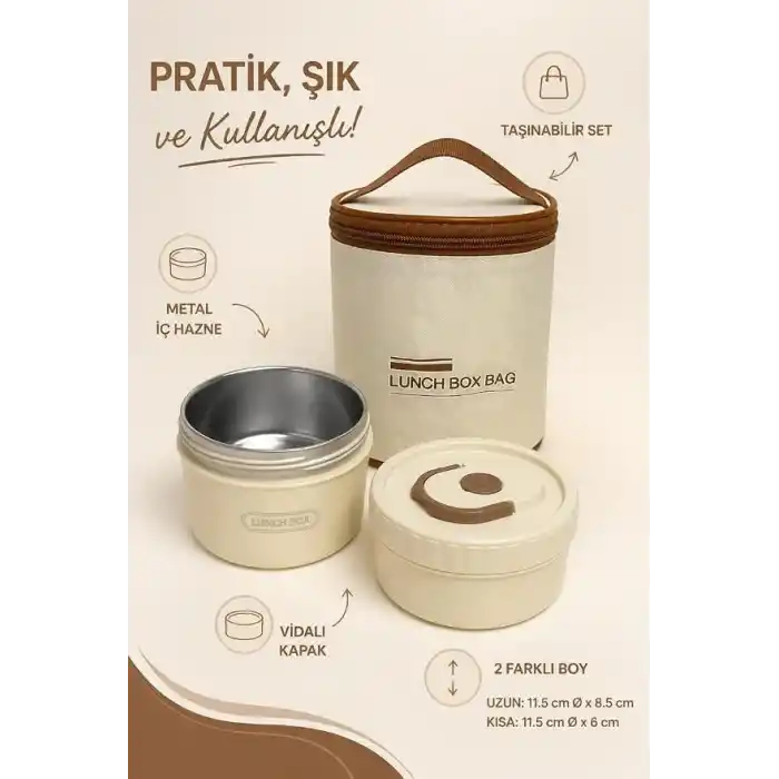 Busstier Isı Yalıtımlı Yemek Termosu ve Lunch Box Çantası, Vidalı Kapaklı PP Dış Gövde ve Metal İç Hazneli Taşınabilir Yemek Kabı Seti (2 Parça)
