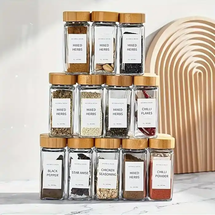 Promosyonca Cam Baharatlık Seti, 12 Adet, Bambu Kapaklı, Etiketli