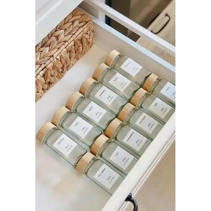 Promosyonca Cam Baharatlık Seti, 12 Adet, Bambu Kapaklı, Etiketli