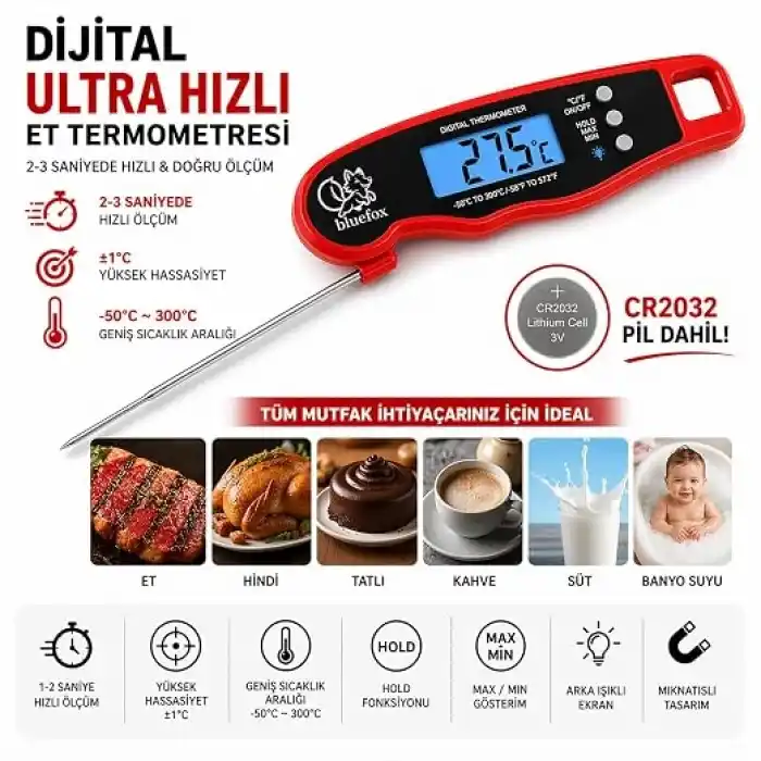 Bluefox Dijital Mutfak Termometresi - Mıknatıslı, Arkadan Aydınlatmalı Ekran, 240° Dönebilen Prob, -50°C-300°C Aralığı