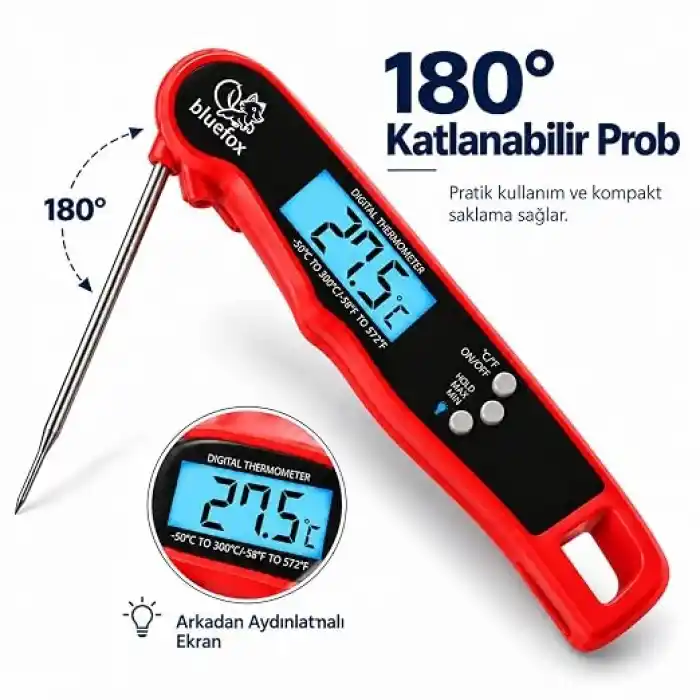 Bluefox Dijital Mutfak Termometresi - Mıknatıslı, Arkadan Aydınlatmalı Ekran, 240° Dönebilen Prob, -50°C-300°C Aralığı