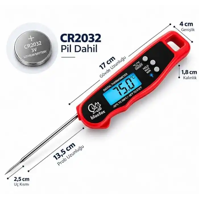 Bluefox Dijital Mutfak Termometresi - Mıknatıslı, Arkadan Aydınlatmalı Ekran, 240° Dönebilen Prob, -50°C-300°C Aralığı