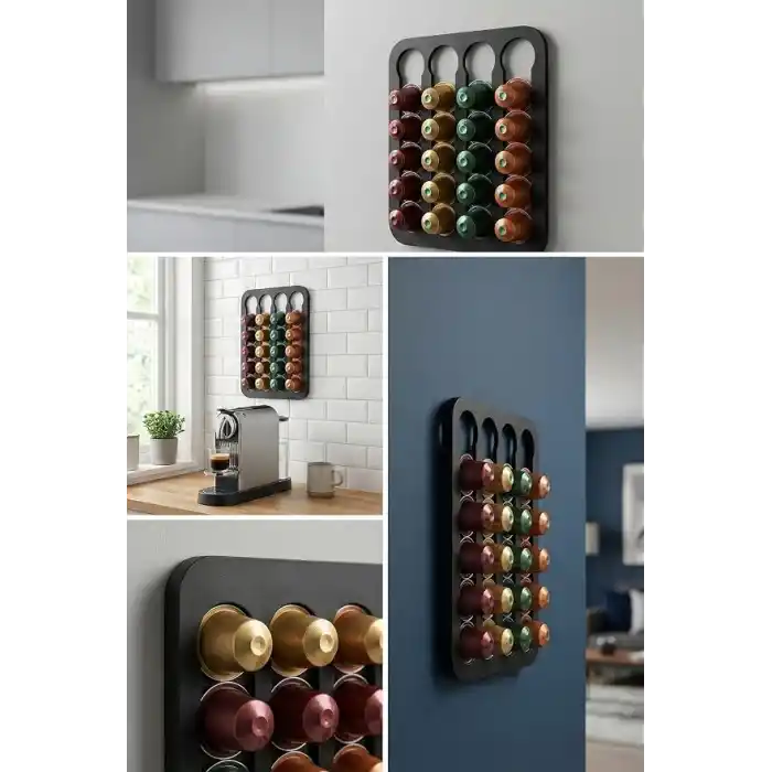 Nespresso Uyumlu Kapsül Kahve Standı - 20 Kapsül Kapasiteli Duvara Monte Kapsül Tutucu ve Düzenleyici Organizer, Mat Siyah