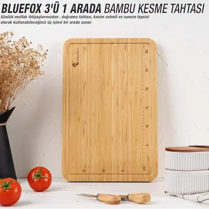 Bluefox 3ü 1 Arada Bambu Kesme Tahtası: Doğrama Tahtası, Kesim Cetveli ve Tepsi Fonksiyonlarıyla Mutfakta Pratik Çözüm,Su Oluklu, Bıçak Dostu, Neme Dayanıklı Yüzey, 38x25 cm