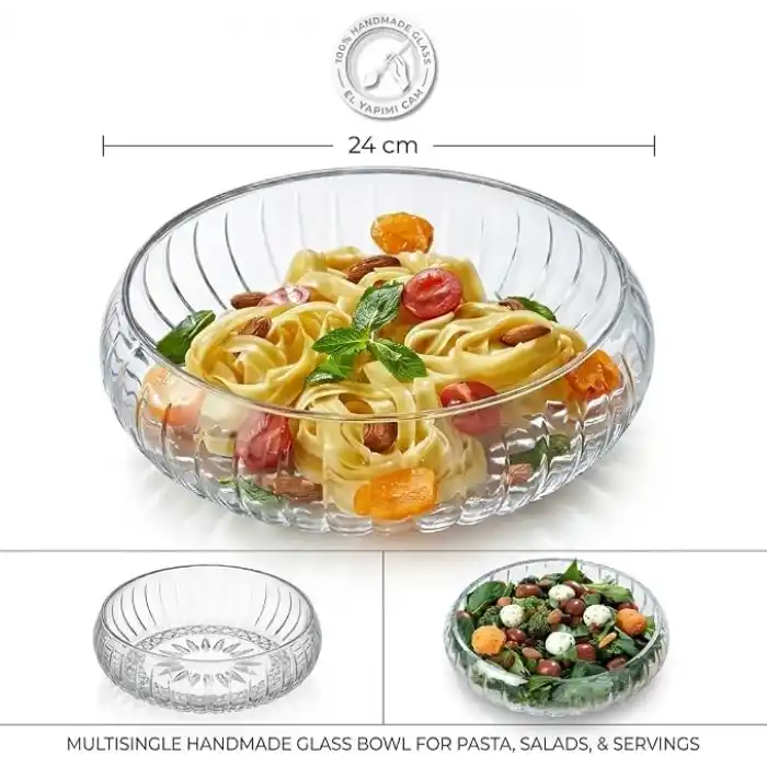 Deconox El Yapımı Büyük Boy Cam Salata Kasesi -%100 Üfleme Cam Sanatı Dekoratif Çerezlik ve Meyvelik - 24 cm