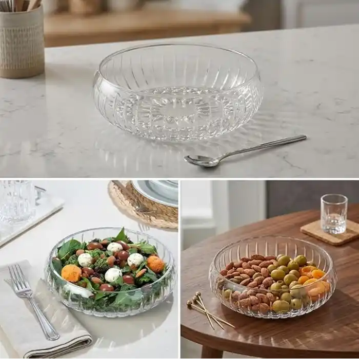 Deconox El Yapımı Büyük Boy Cam Salata Kasesi -%100 Üfleme Cam Sanatı Dekoratif Çerezlik ve Meyvelik - 24 cm