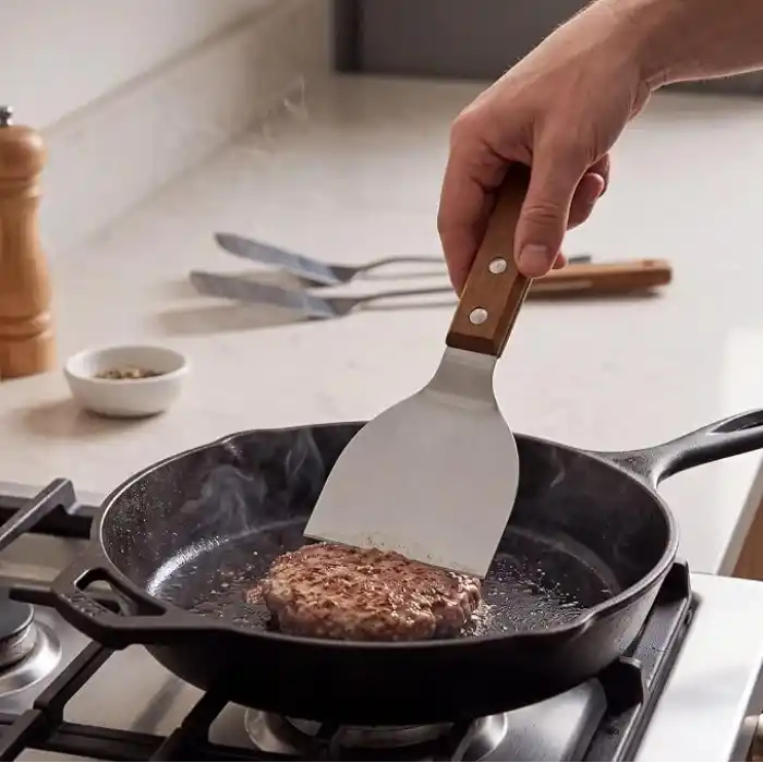 MallArt® Ahşap Saplı Paslanmaz Çelik Spatula – 24cm Eğilimli Çok Amaçlı Mutfak Spatulası | Izgara, Burger, Sebze, Temizlik için Profesyonel Metal Spatula