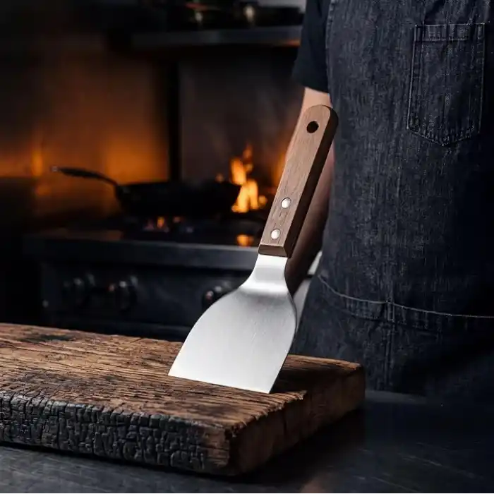 MallArt® Ahşap Saplı Paslanmaz Çelik Spatula – 24cm Eğilimli Çok Amaçlı Mutfak Spatulası | Izgara, Burger, Sebze, Temizlik için Profesyonel Metal Spatula
