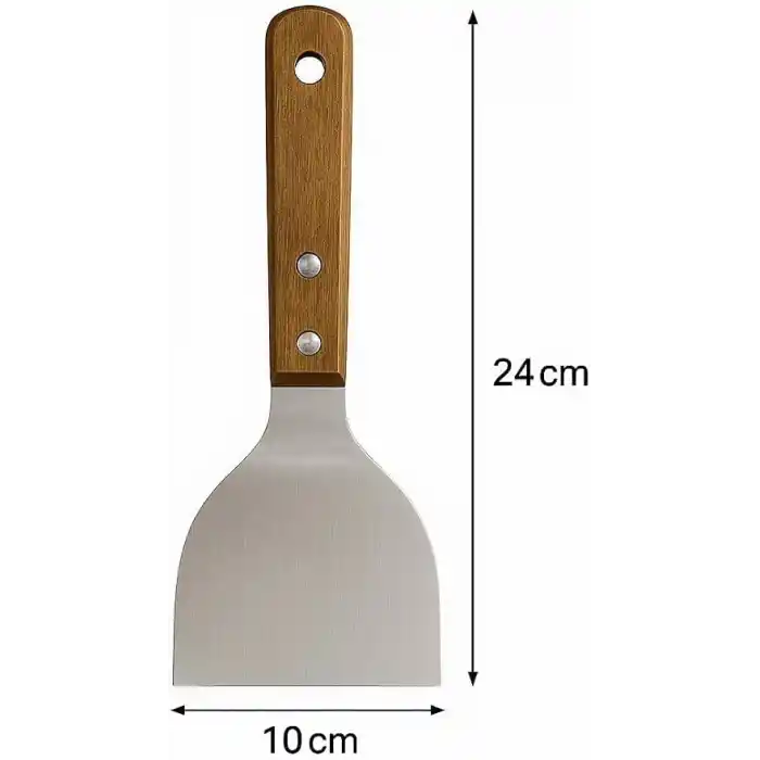 MallArt® Ahşap Saplı Paslanmaz Çelik Spatula – 24cm Eğilimli Çok Amaçlı Mutfak Spatulası | Izgara, Burger, Sebze, Temizlik için Profesyonel Metal Spatula