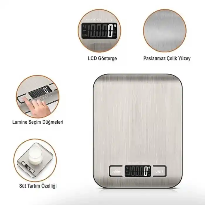 Orret Home Dijital Mutfak Terazisi – Paslanmaz Çelik Yüzeyli Hassas Tartı, 5 kg Kapasiteli, Dara Özellikli, LCD Ekranlı, 5 Birim Dönüşümlü, Pilli,Dijital Tartı