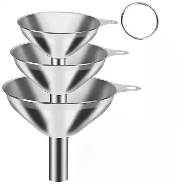 MallArt® Paslanmaz Çelik Mini Huni Seti (3lü) - 7.5 cm, 5.5 cm, 4.5 cm Dar Ağızlı Sıvı ve Baharat Hunisi, Tutucu Halkalı Mutfak ve Şişe Aktarma Seti
