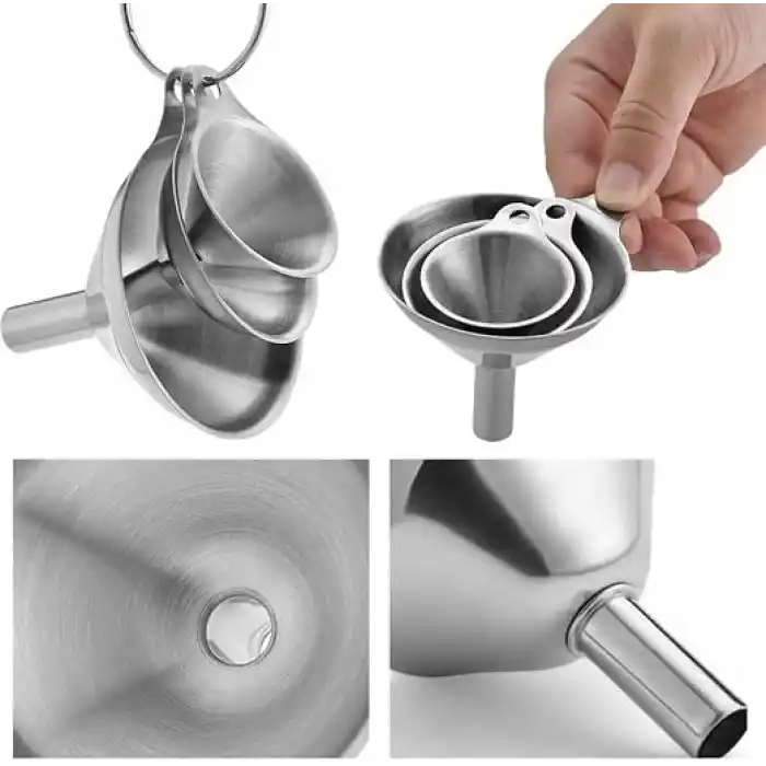 MallArt® Paslanmaz Çelik Mini Huni Seti (3lü) - 7.5 cm, 5.5 cm, 4.5 cm Dar Ağızlı Sıvı ve Baharat Hunisi, Tutucu Halkalı Mutfak ve Şişe Aktarma Seti