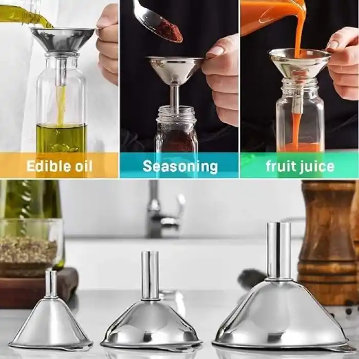 MallArt® Paslanmaz Çelik Mini Huni Seti (3lü) - 7.5 cm, 5.5 cm, 4.5 cm Dar Ağızlı Sıvı ve Baharat Hunisi, Tutucu Halkalı Mutfak ve Şişe Aktarma Seti