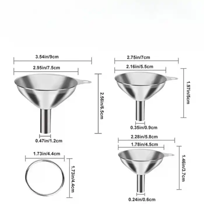 MallArt® Paslanmaz Çelik Mini Huni Seti (3lü) - 7.5 cm, 5.5 cm, 4.5 cm Dar Ağızlı Sıvı ve Baharat Hunisi, Tutucu Halkalı Mutfak ve Şişe Aktarma Seti