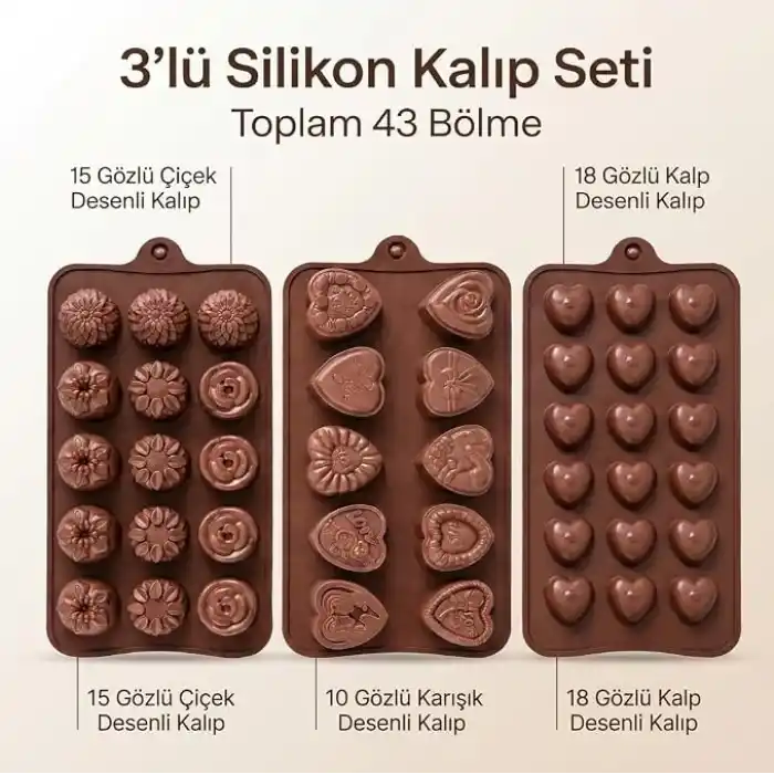 Deconox 3lü Silikon Çikolata ve Buz Kalıbı Seti, 18 Gözlü Kalp, 15 Gözlü Çiçek ve 10 Gözlü Desenli Kalıp, Toplam 43 Göz, Kahverengi