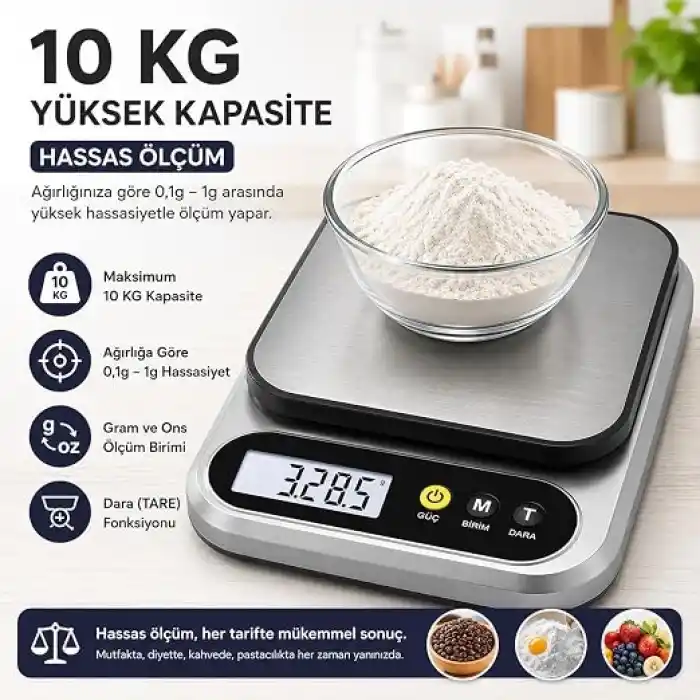 10 Kg Dijital Hassas Mutfak Tartısı - LCD Ekranlı, Paslanmaz Çelik Tartım Yüzeyi, Dara (Tare) Fonksiyonlu, Gram & Ons Ölçüm