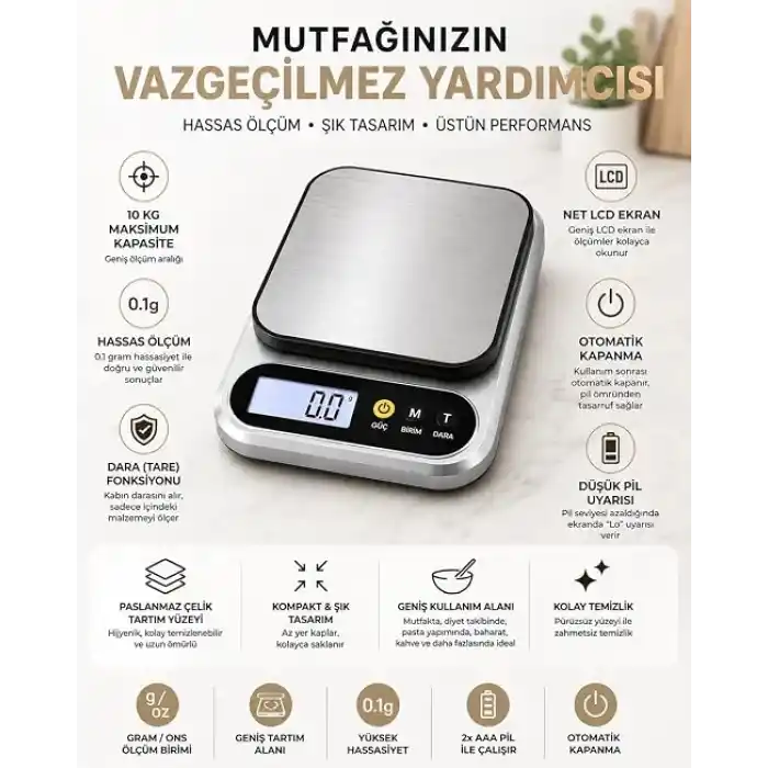 10 Kg Dijital Hassas Mutfak Tartısı - LCD Ekranlı, Paslanmaz Çelik Tartım Yüzeyi, Dara (Tare) Fonksiyonlu, Gram & Ons Ölçüm