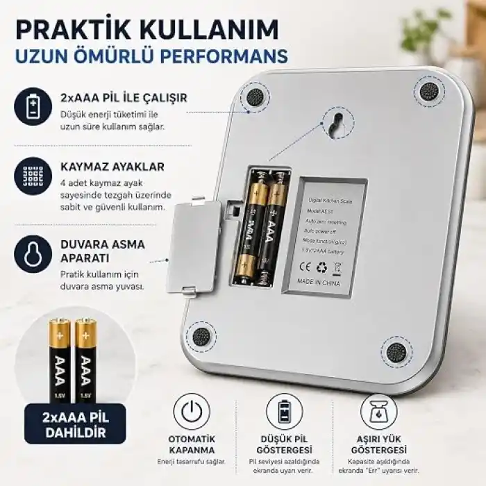 10 Kg Dijital Hassas Mutfak Tartısı - LCD Ekranlı, Paslanmaz Çelik Tartım Yüzeyi, Dara (Tare) Fonksiyonlu, Gram & Ons Ölçüm