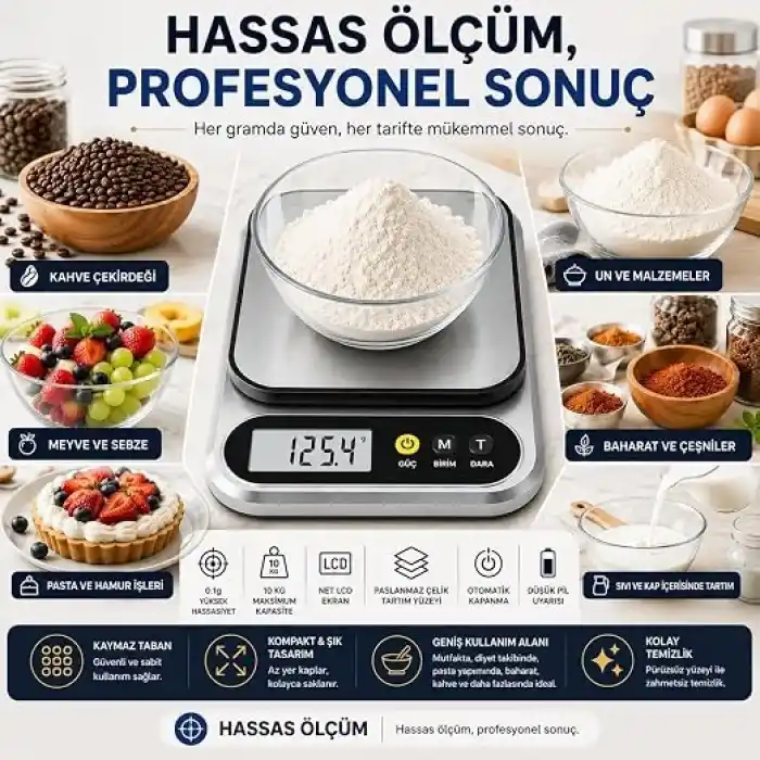 10 Kg Dijital Hassas Mutfak Tartısı - LCD Ekranlı, Paslanmaz Çelik Tartım Yüzeyi, Dara (Tare) Fonksiyonlu, Gram & Ons Ölçüm