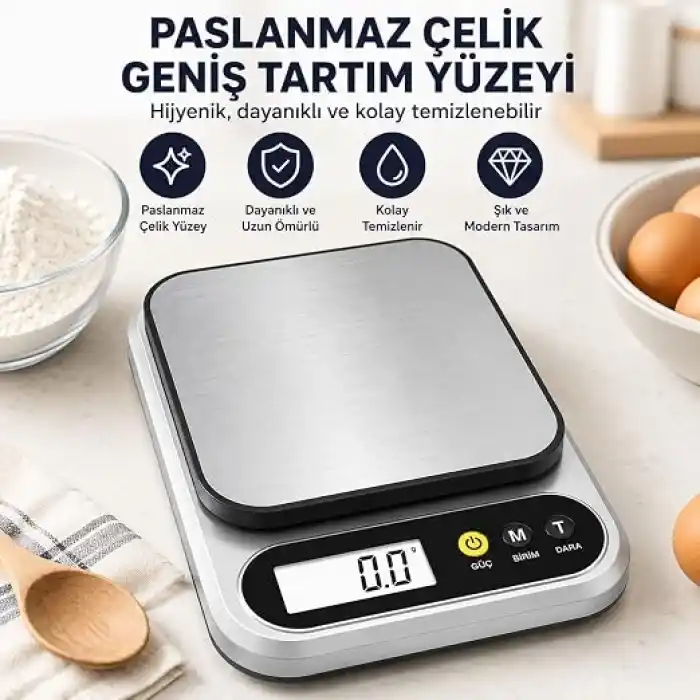 10 Kg Dijital Hassas Mutfak Tartısı - LCD Ekranlı, Paslanmaz Çelik Tartım Yüzeyi, Dara (Tare) Fonksiyonlu, Gram & Ons Ölçüm