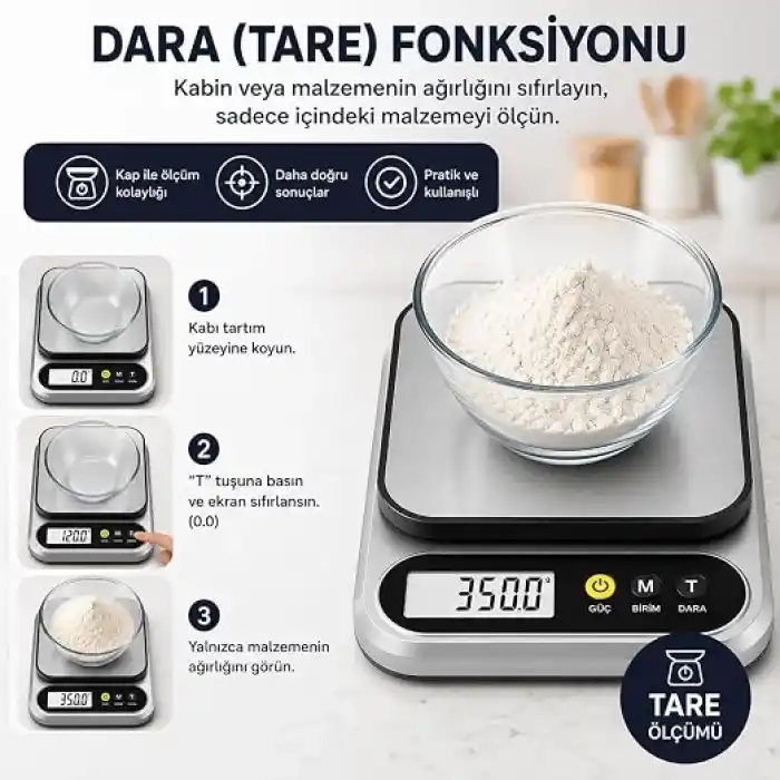 10 Kg Dijital Hassas Mutfak Tartısı - LCD Ekranlı, Paslanmaz Çelik Tartım Yüzeyi, Dara (Tare) Fonksiyonlu, Gram & Ons Ölçüm
