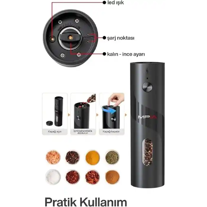 Elektrikli Tuz ve Karabiber Değirmeni Şarjlı Otomatik Baharat Öğütücü 110ML