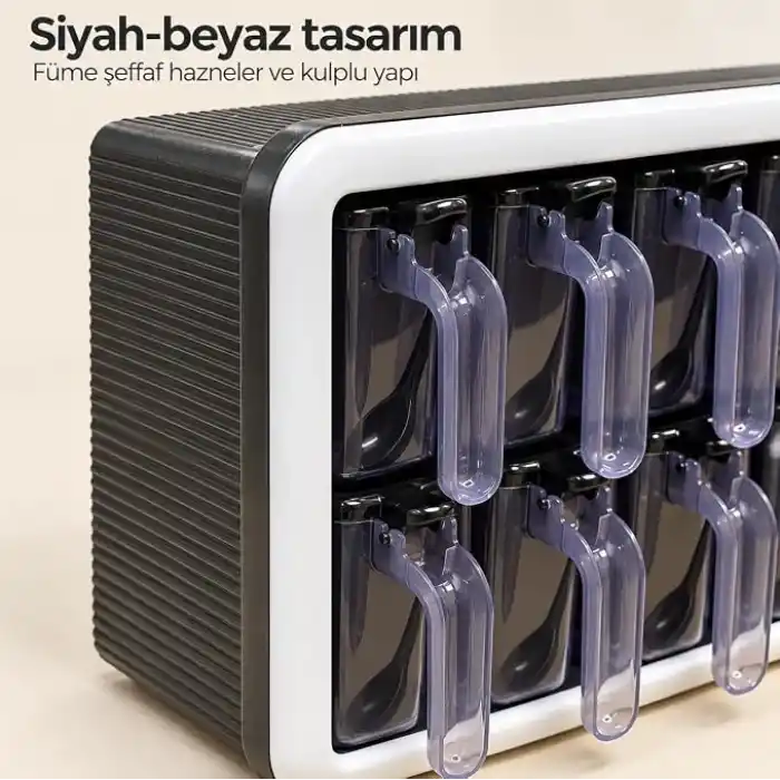 Kendinden Yapışkanlı Baharatlık Seti, 12li, Kaşıklı Kapaklı,Etiketleri ile Gönderilir Siyah Beyaz