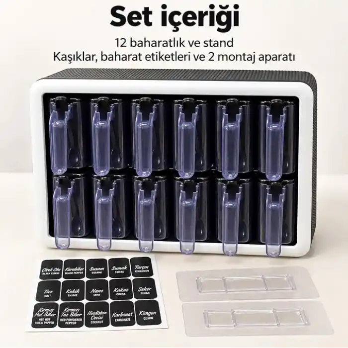 Kendinden Yapışkanlı Baharatlık Seti, 12li, Kaşıklı Kapaklı,Etiketleri ile Gönderilir Siyah Beyaz